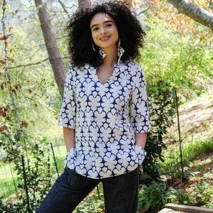 Lesley Evers Linen Cotton Brooklyn Tunic Navy Fleurette Top Size L